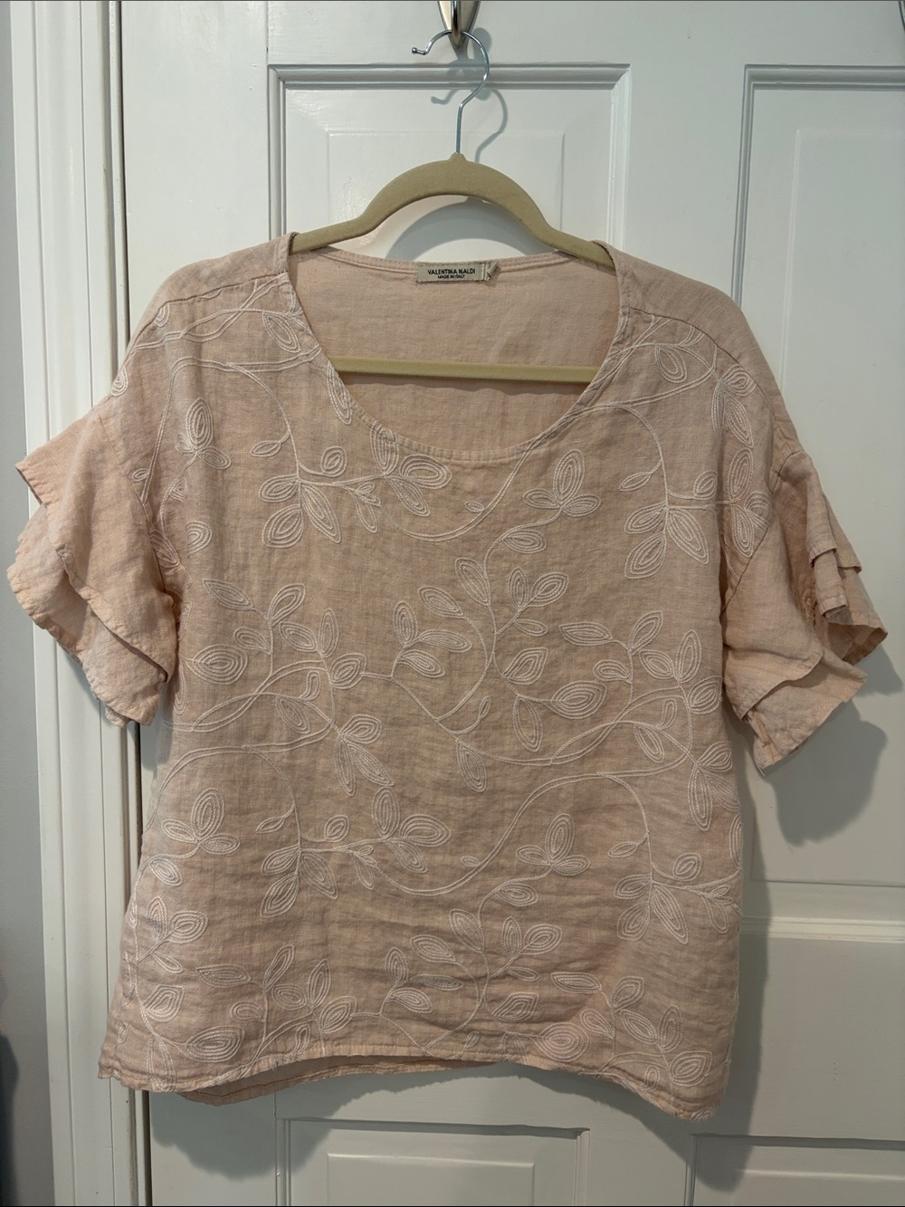 Valentina Naldi - Italian Embroidered Linen Top in Pale Blush - Vintage Wash Med